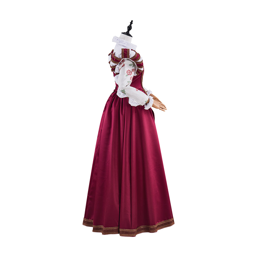 Tudor Burgundy Satin Gown with Lace Trimmed Neckline Lace Cuffed Sleeves for Victorian Themed Events Halloween and Christmas