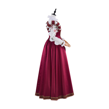 Tudor Burgundy Satin Gown with Lace Trimmed Neckline Lace Cuffed Sleeves for Victorian Themed Events Halloween and Christmas