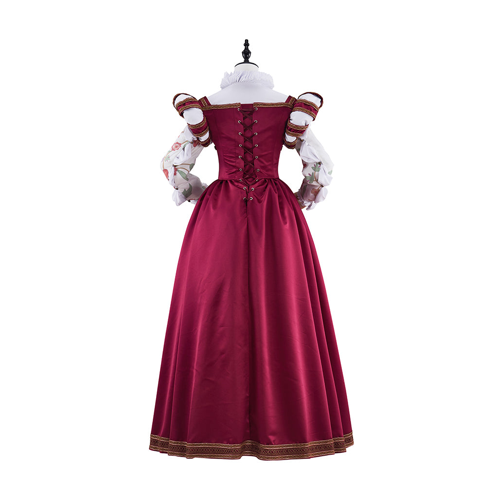Tudor Burgundy Satin Gown with Lace Trimmed Neckline Lace Cuffed Sleeves for Victorian Themed Events Halloween and Christmas