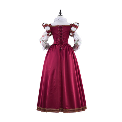 Tudor Burgundy Satin Gown with Lace Trimmed Neckline Lace Cuffed Sleeves for Victorian Themed Events Halloween and Christmas