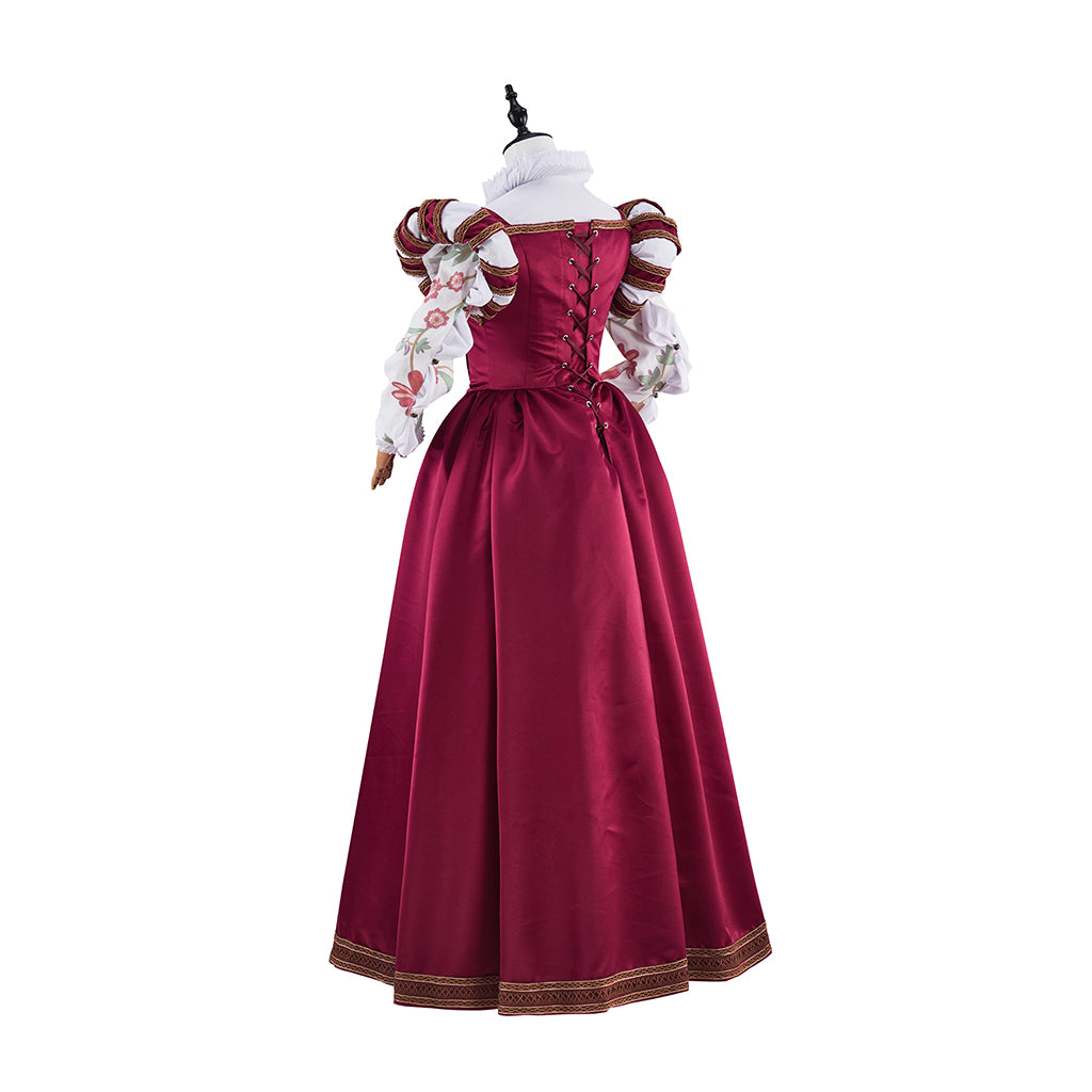 Tudor Burgundy Satin Gown with Lace Trimmed Neckline Lace Cuffed Sleeves for Victorian Themed Events Halloween and Christmas