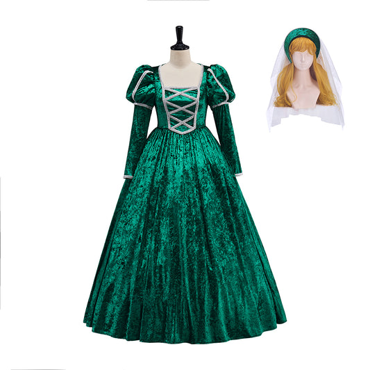 Medieval Green Long Sleeved Gown with White Headpiece  for Historical Reenactments Halloween and Christmas Celebrations