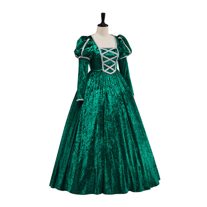 Medieval Green Long Sleeved Gown with White Headpiece  for Historical Reenactments Halloween and Christmas Celebrations
