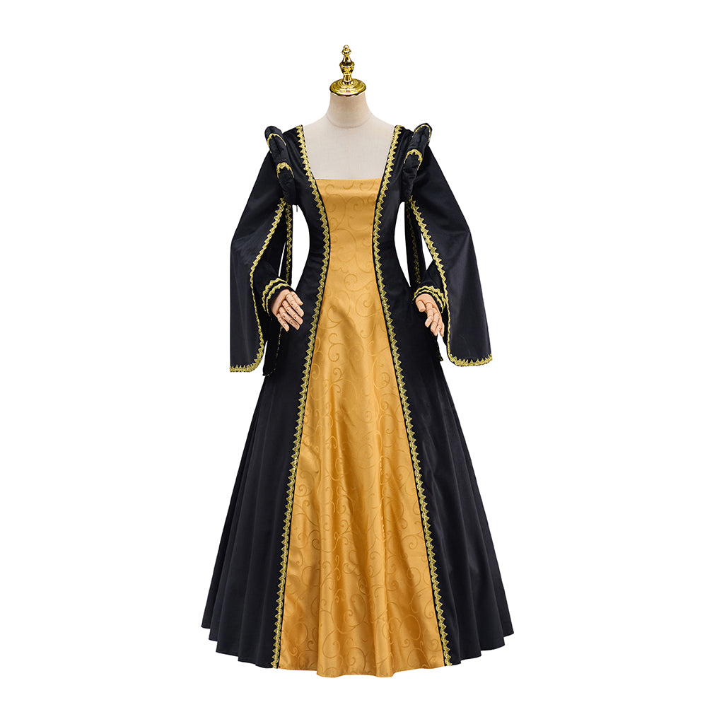 Medieval Yellow and Black Long Sleeved Gown with Black Trim for Historical Reenactments Halloween and Christmas Celebrations