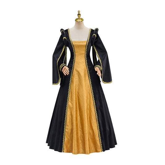 Medieval Yellow and Black Long Sleeved Gown with Black Trim for Historical Reenactments Halloween and Christmas Celebrations