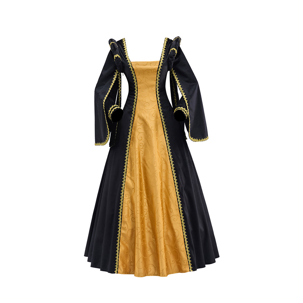 Medieval Yellow and Black Long Sleeved Gown with Black Trim for Historical Reenactments Halloween and Christmas Celebrations