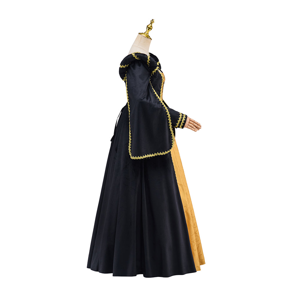 Medieval Yellow and Black Long Sleeved Gown with Black Trim for Historical Reenactments Halloween and Christmas Celebrations