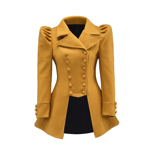 Medieval Golden Yellow Short Coat with Puffed Shoulders and Button Detailing for Historical Reenactments Halloween and Christmas