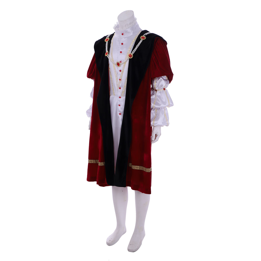 Tudor Noble Court Costume Crimson Velvet Robe with Black Panels Gold Trim Jeweled Accents Ruffled Sleeves and Black Feathered Hat for Historical Reenactments Halloween Christmas or Parties