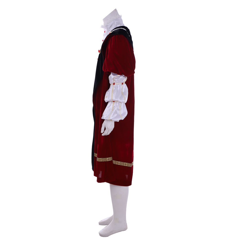 Tudor Noble Court Costume Crimson Velvet Robe with Black Panels Gold Trim Jeweled Accents Ruffled Sleeves and Black Feathered Hat for Historical Reenactments Halloween Christmas or Parties
