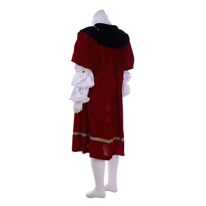 Tudor Noble Court Costume Crimson Velvet Robe with Black Panels Gold Trim Jeweled Accents Ruffled Sleeves and Black Feathered Hat for Historical Reenactments Halloween Christmas or Parties