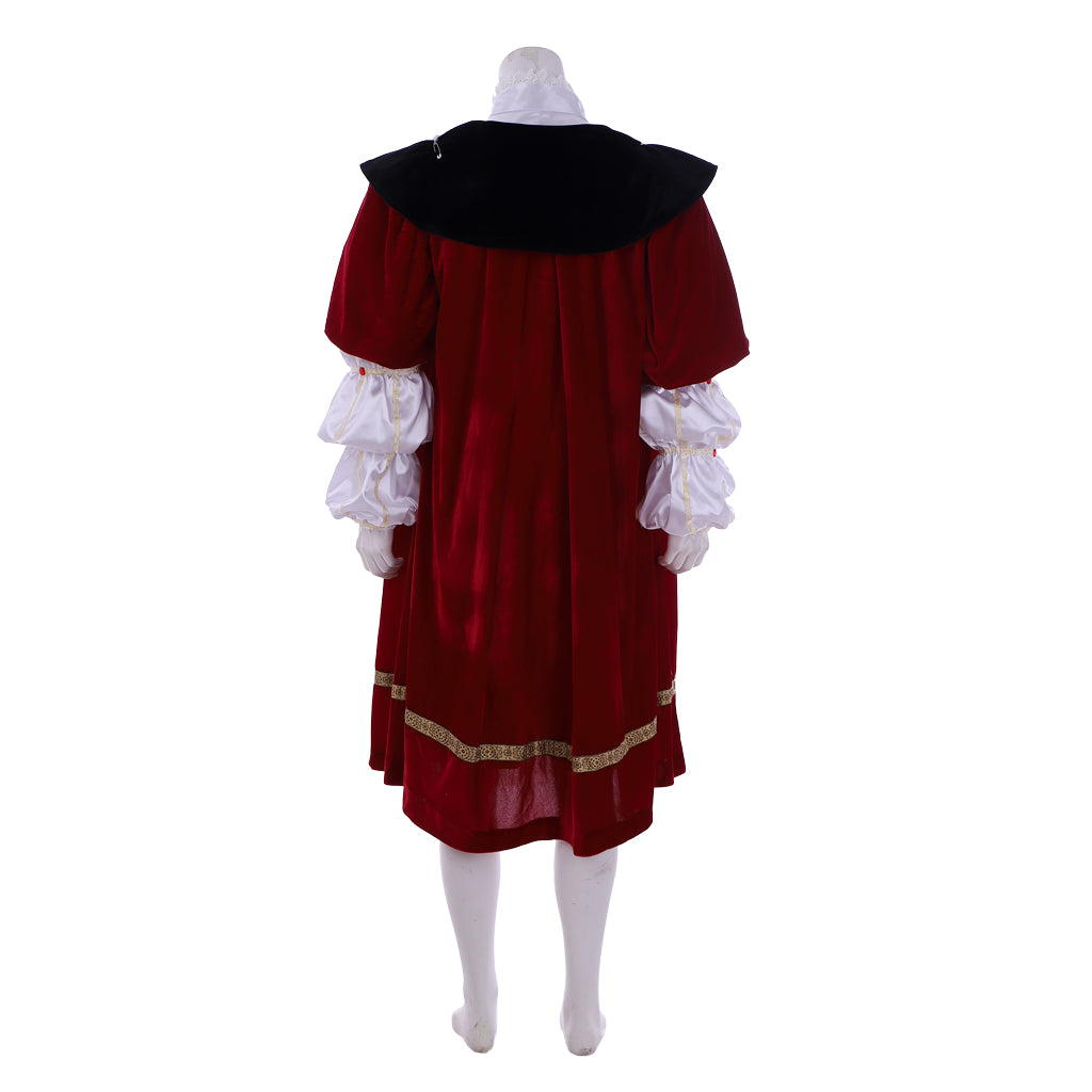 Tudor Noble Court Costume Crimson Velvet Robe with Black Panels Gold Trim Jeweled Accents Ruffled Sleeves and Black Feathered Hat for Historical Reenactments Halloween Christmas or Parties