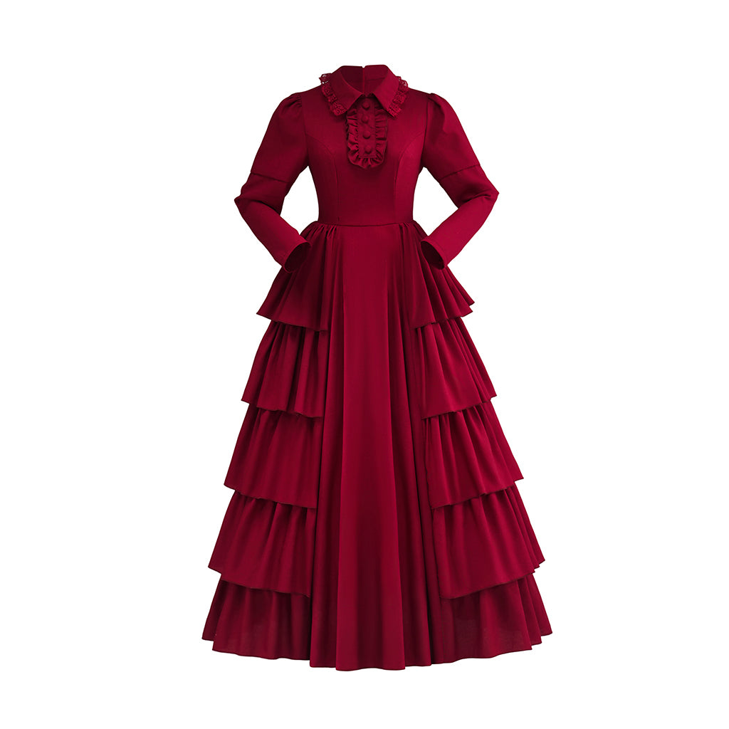 Victorian Blue Satin Gown with Lace Trimmed Neckline Lace Cuffed Sleeves for Victorian Themed Events Halloween and Christmas Celebrations