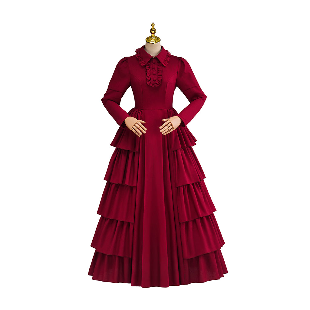 Victorian Blue Satin Gown with Lace Trimmed Neckline Lace Cuffed Sleeves for Victorian Themed Events Halloween and Christmas Celebrations