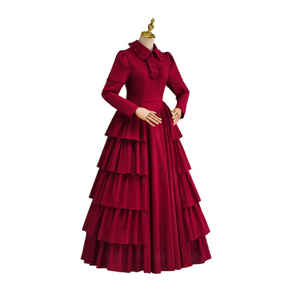 Victorian Blue Satin Gown with Lace Trimmed Neckline Lace Cuffed Sleeves for Victorian Themed Events Halloween and Christmas Celebrations