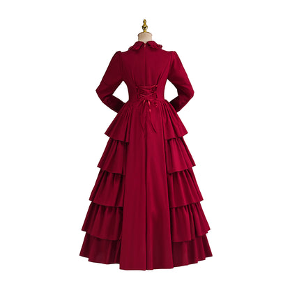 Victorian Blue Satin Gown with Lace Trimmed Neckline Lace Cuffed Sleeves for Victorian Themed Events Halloween and Christmas Celebrations