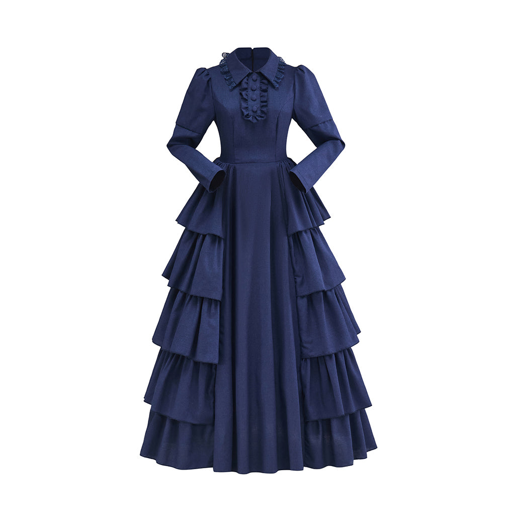Victorian Blue Satin Gown with Lace Trimmed Neckline Lace Cuffed Sleeves for Victorian Themed Events Halloween and Christmas Celebrations