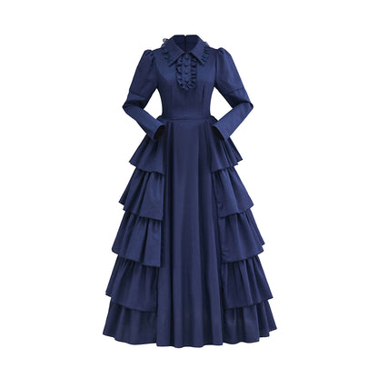 Victorian Blue Satin Gown with Lace Trimmed Neckline Lace Cuffed Sleeves for Victorian Themed Events Halloween and Christmas Celebrations