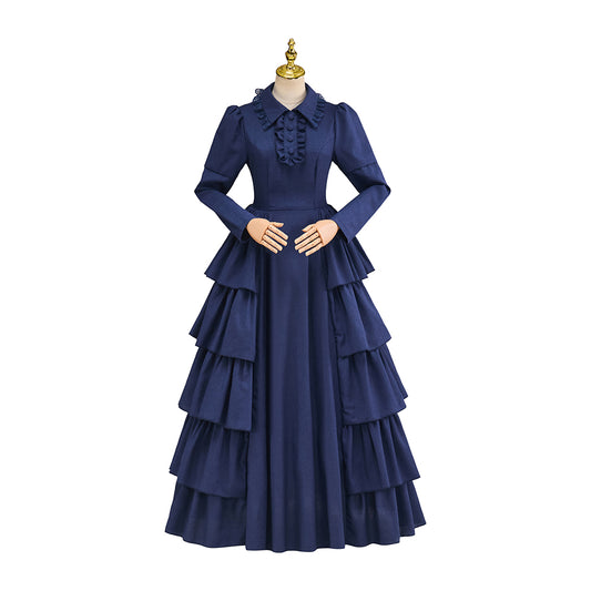 Victorian Blue Satin Gown with Lace Trimmed Neckline Lace Cuffed Sleeves for Victorian Themed Events Halloween and Christmas Celebrations