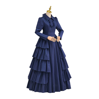Victorian Blue Satin Gown with Lace Trimmed Neckline Lace Cuffed Sleeves for Victorian Themed Events Halloween and Christmas Celebrations