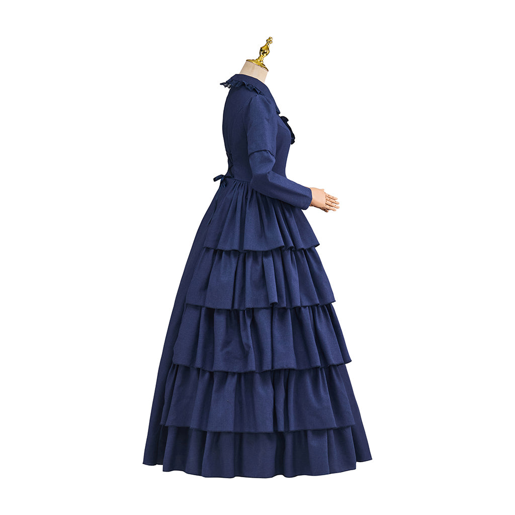 Victorian Blue Satin Gown with Lace Trimmed Neckline Lace Cuffed Sleeves for Victorian Themed Events Halloween and Christmas Celebrations