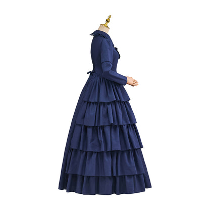 Victorian Blue Satin Gown with Lace Trimmed Neckline Lace Cuffed Sleeves for Victorian Themed Events Halloween and Christmas Celebrations