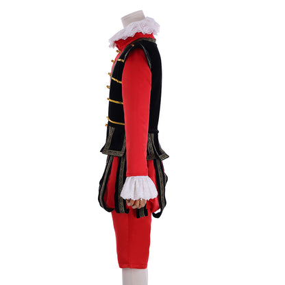 Tudor Noble Court Costume: Crimson Doublet with Black Trim Gold Lacing Ruffled Cuffs and Matching Breeches for Historical Reenactments Cosplay Events or Halloween Christmas or Parties