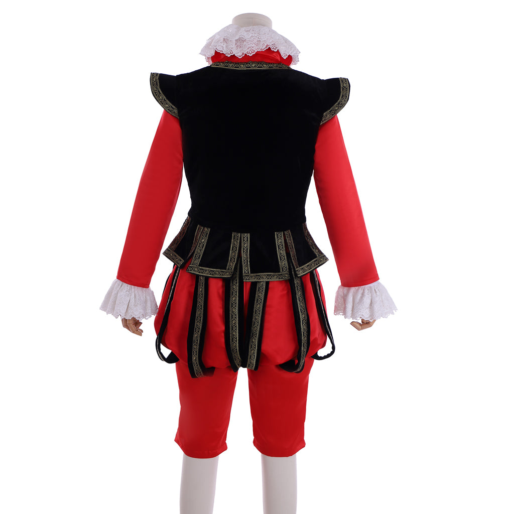 Tudor Noble Court Costume: Crimson Doublet with Black Trim Gold Lacing Ruffled Cuffs and Matching Breeches for Historical Reenactments Cosplay Events or Halloween Christmas or Parties