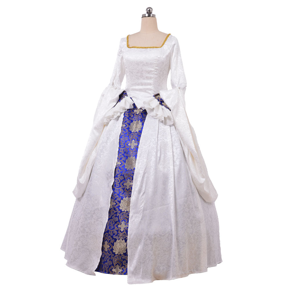 Queen Elizabeth Tudor Period Dress Renaissance Medieval Inspired Gown Shakespeare  Princess White &Blue Patterned Long Sleeve gowm Women's Halloween  Carnival  Party Evening  dress Masquerade Adults' Dress