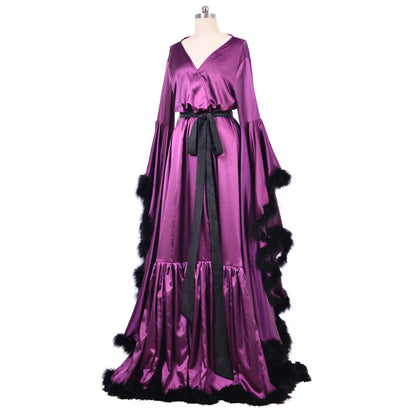 Medieval  Sexy Feather Bridal Robe Long Wedding Scarf Illusion Bathrobe Sleepwear Lingerie Robe Nightgown Women Gothic Purple Cosplay Costume Adult Renaissance Gown With Belt Furry Trim Ladies Halloween Christmas V-Neck Dress