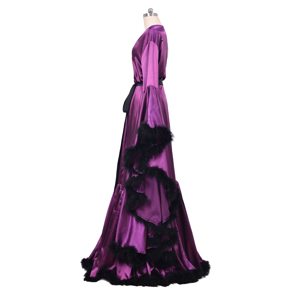 Medieval  Sexy Feather Bridal Robe Long Wedding Scarf Illusion Bathrobe Sleepwear Lingerie Robe Nightgown Women Gothic Purple Cosplay Costume Adult Renaissance Gown With Belt Furry Trim Ladies Halloween Christmas V-Neck Dress