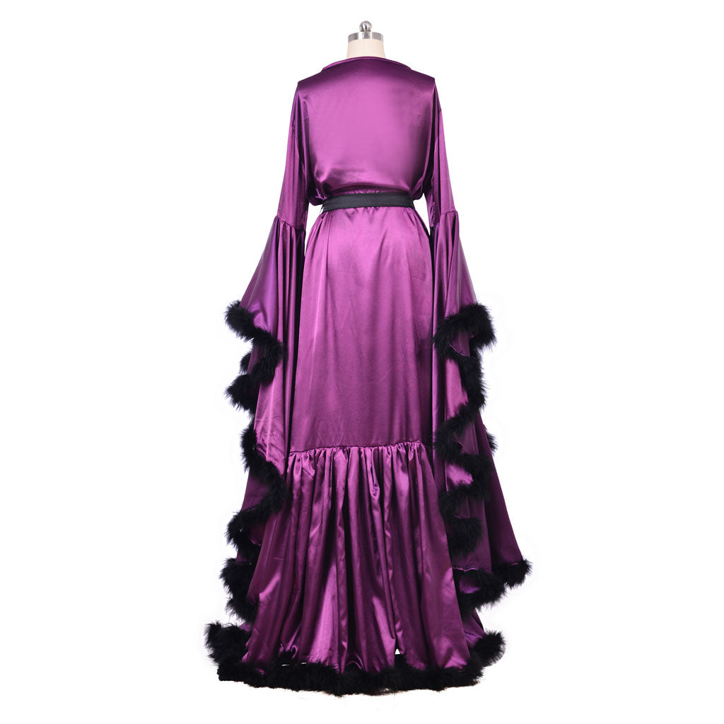 Medieval  Sexy Feather Bridal Robe Long Wedding Scarf Illusion Bathrobe Sleepwear Lingerie Robe Nightgown Women Gothic Purple Cosplay Costume Adult Renaissance Gown With Belt Furry Trim Ladies Halloween Christmas V-Neck Dress