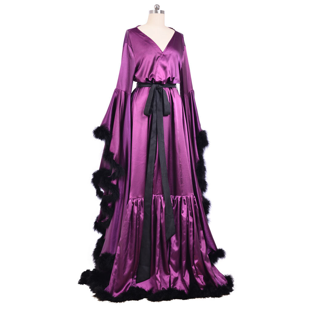 Medieval  Sexy Feather Bridal Robe Long Wedding Scarf Illusion Bathrobe Sleepwear Lingerie Robe Nightgown Women Gothic Purple Cosplay Costume Adult Renaissance Gown With Belt Furry Trim Ladies Halloween Christmas V-Neck Dress