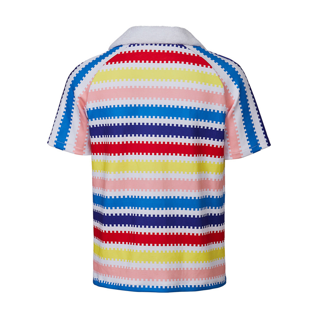 ILLUSIONCOS Movie Ken Cosplay 2023 Ken Rainbow Shirt Costume Wocloey Allan Striped Shirt With Fleece Collar 80s Button Down Beach Shirts Hawaiian Shorts Sleeves Cloth
