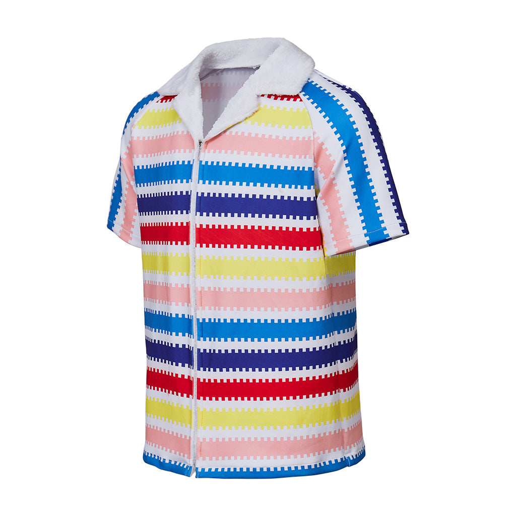 ILLUSIONCOS Movie Ken Cosplay 2023 Ken Rainbow Shirt Costume Wocloey Allan Striped Shirt With Fleece Collar 80s Button Down Beach Shirts Hawaiian Shorts Sleeves Cloth