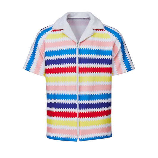 ILLUSIONCOS Movie Ken Cosplay 2023 Ken Rainbow Shirt Costume Wocloey Allan Striped Shirt With Fleece Collar 80s Button Down Beach Shirts Hawaiian Shorts Sleeves Cloth