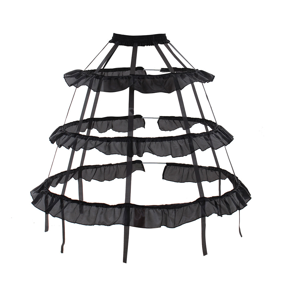Women's Black Baroque Cage Hoop Skirt Pannier with Ruffled Edges, Victorian Crinoline Underskirt, Black Vintage Petticoat for Ball Dress, Cosplay, Princess Dress, Rococo Style