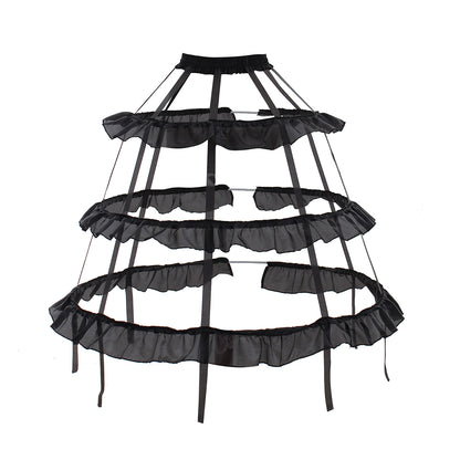 Women's Black Baroque Cage Hoop Skirt Pannier with Ruffled Edges, Victorian Crinoline Underskirt, Black Vintage Petticoat for Ball Dress, Cosplay, Princess Dress, Rococo Style