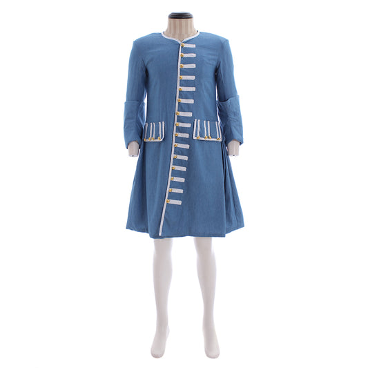 Medieval Men's Blue Long Coat with White Striped Trim and Gold Accents for Cosplay or Themed Events Halloween Christmas or Themed Parties
