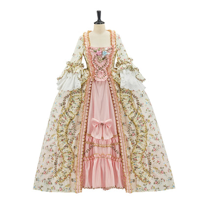 Rococo Inspired Pink Brocade Gown with Gold Embellishments and Layered Skirt for Halloween Christmas Themed Galas