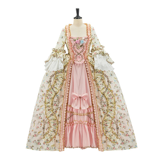 Rococo Inspired Pink Brocade Gown with Gold Embellishments and Layered Skirt for Halloween Christmas Themed Galas