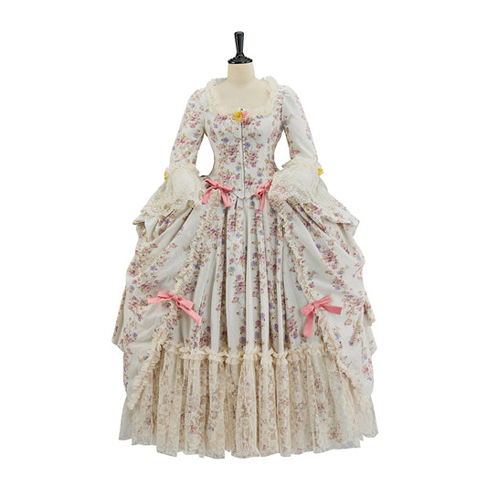 Medieval Floral Patterned Court Gown with Puffed Sleeves and Pink Accents for Historical Reenactments  Halloween Christmas Cosplay Events