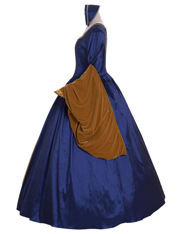 Queen Elizabeth Tudor Period Dress Renaissance Medieval Inspired Gown Prom Outfit Princess Shakespeare Blue - Gold Patterned Long Sleeve Women's Halloween Carnival Valentine's Day Party Evening Party Masquerade Adults' Dress All