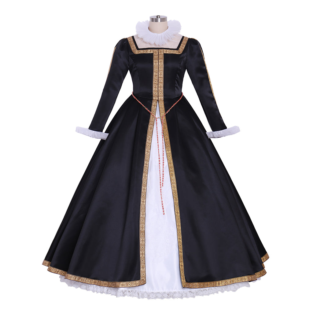 Tudor Dynasty Medieval Court Dress Renaissance Inspired Gown Prom Outfit Black and White Gold-Trimmed Contrast Trim Ruffled Collar Women's  Halloween Carnival Valentine's Day Party Evening Party Masquerade Adults' Dress All