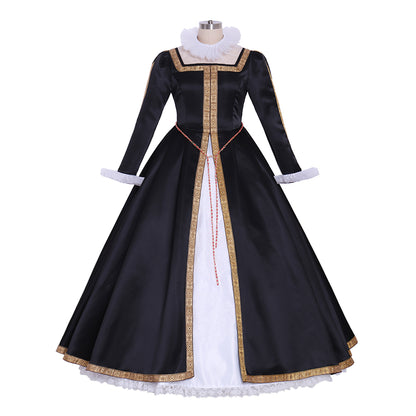 Tudor Dynasty Medieval Court Dress Renaissance Inspired Gown Prom Outfit Black and White Gold-Trimmed Contrast Trim Ruffled Collar Women's  Halloween Carnival Valentine's Day Party Evening Party Masquerade Adults' Dress All