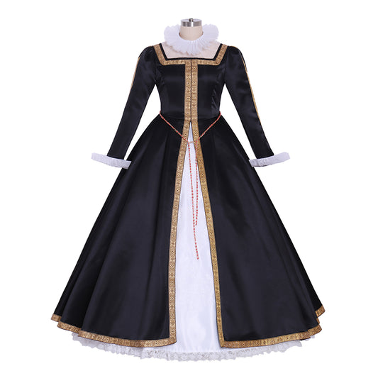 Tudor Dynasty Medieval Court Dress Renaissance Inspired Gown Prom Outfit Black and White Gold-Trimmed Contrast Trim Ruffled Collar Women's  Halloween Carnival Valentine's Day Party Evening Party Masquerade Adults' Dress All