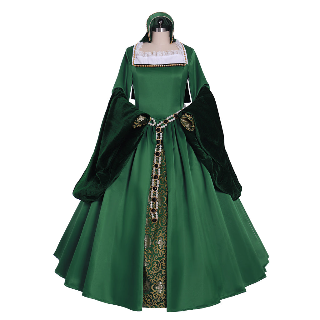 IllusionCos Tudor Dynasty Medieval Court Dress Renaissance Inspired Gown Prom Outfit Green Gold-Embroidered Square Neckline Puff Sleeve Women's  Halloween Carnival Valentine's Day Party Evening Dress Masquerade Adults' Dress All