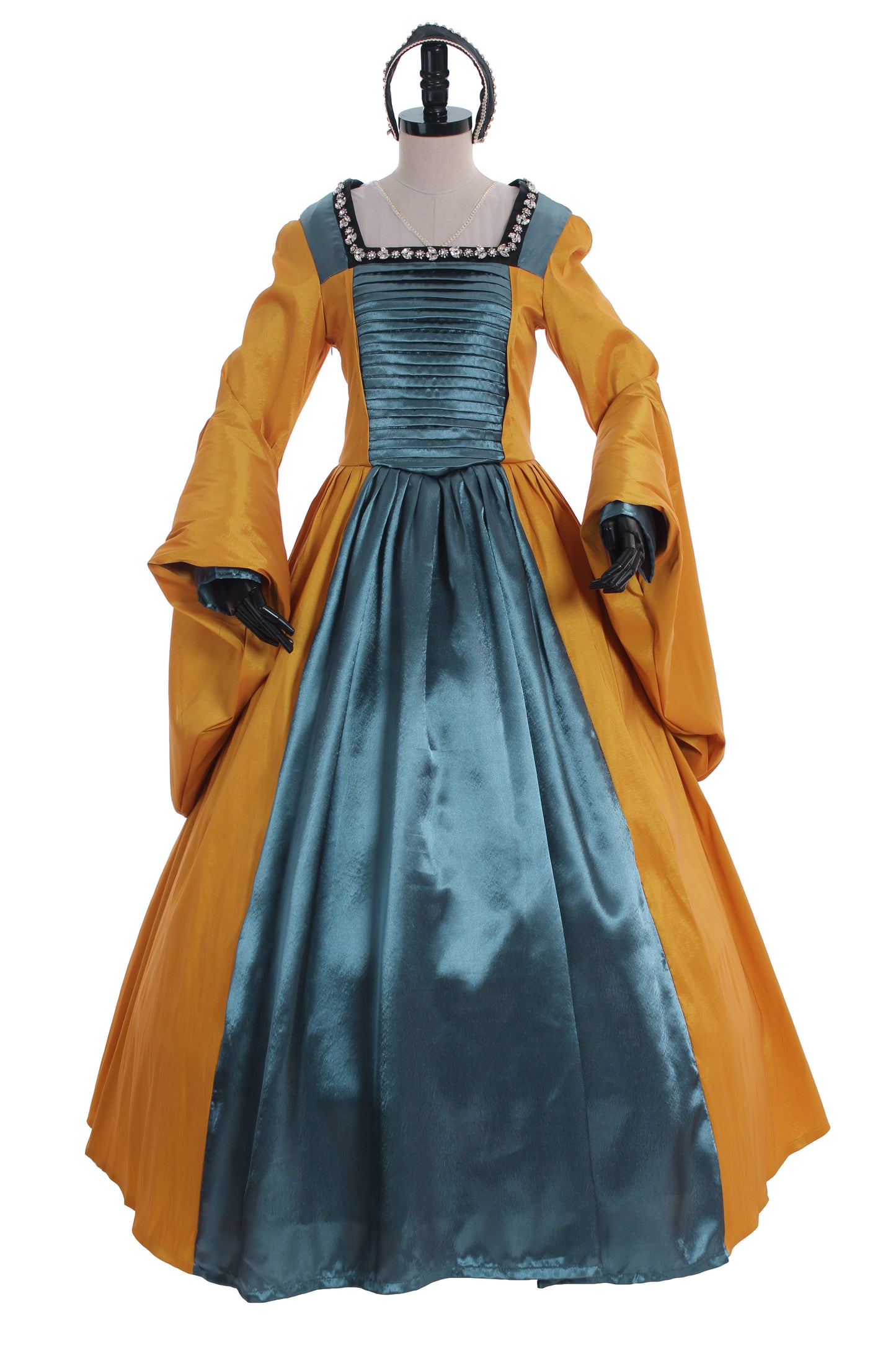 Tudor Dynasty Medieval Court Dress Renaissance Inspired Gown Halloween Fancy Outfits Party Costume Prom Outfit Green Gold-Embroidered Square Neckline Puff Sleeve Women's Halloween Carnival Valentine's Day Masquerade Adults' Dress All