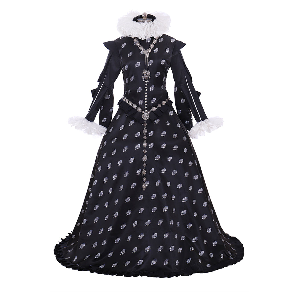 Tudor Dynasty Medieval Court Dress Renaissance Inspired Gown Prom Outfit Black White Polka Dot Ruffled Collar Cuffs Ornate Beaded Detail Women'sHalloween Carnival Valentine's Day Party Evening Dress Masquerade Adults' Dress All