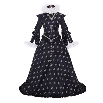 Tudor Dynasty Medieval Court Dress Renaissance Inspired Gown Prom Outfit Black White Polka Dot Ruffled Collar Cuffs Ornate Beaded Detail Women'sHalloween Carnival Valentine's Day Party Evening Dress Masquerade Adults' Dress All